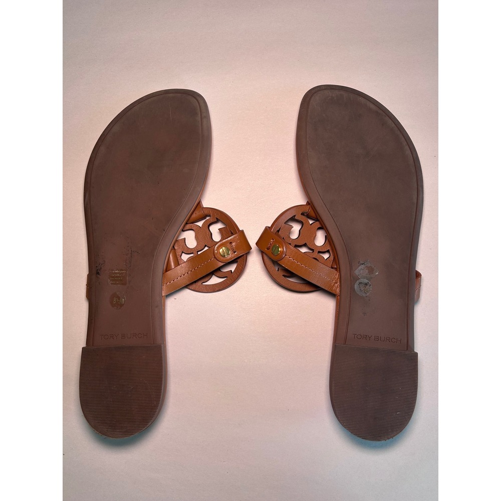 Tory Burch Miller Cloud Tan Leather Thong Sandals Gold Logo 8.5 14020 - Picture 6 of 7